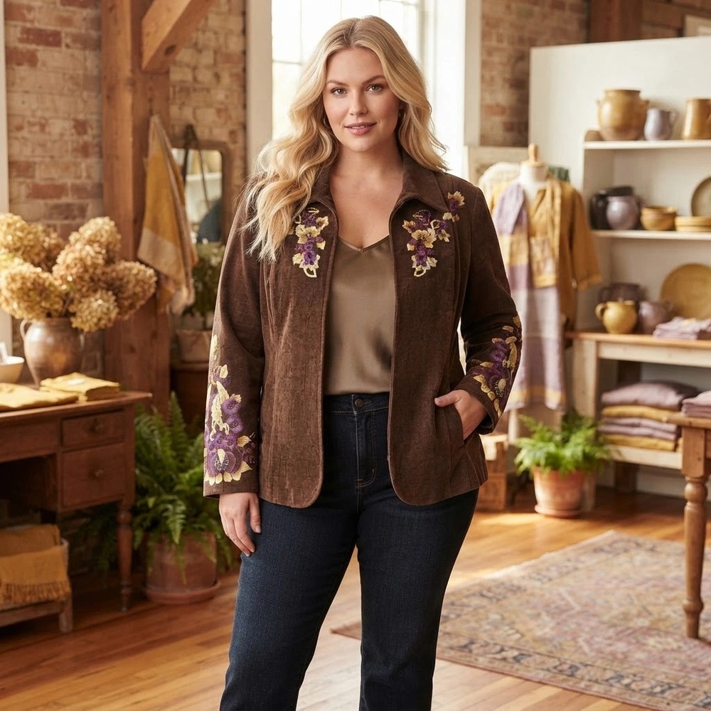 Coldwater Creek 18W NWT Brown Floral Embroidered Beaded Boho Jacket Y2K 3215